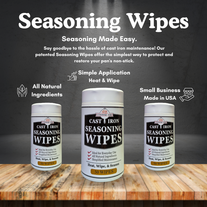 Display showing Seasoning Wipes for Cast Iron and the benefits it has making cast iron maintenance easy.