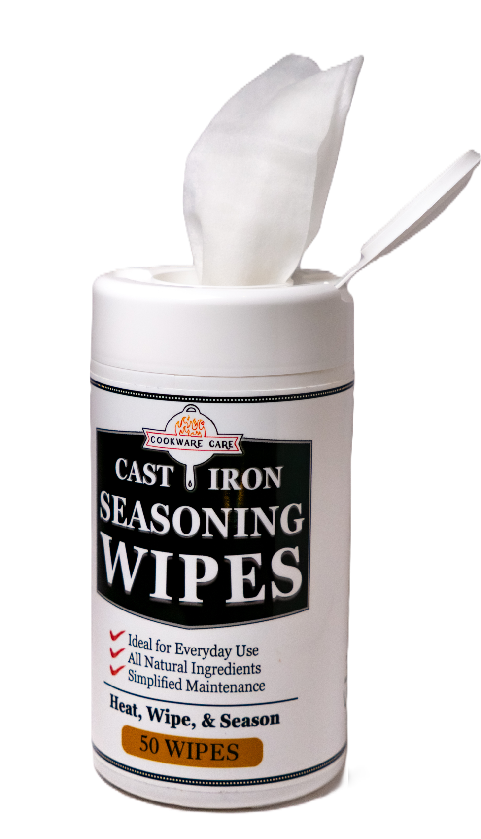 Round white plastic container with a wipe designed for cast iron skillets flattops flat-top grills griddles pots pans cookware including blackstone and weber