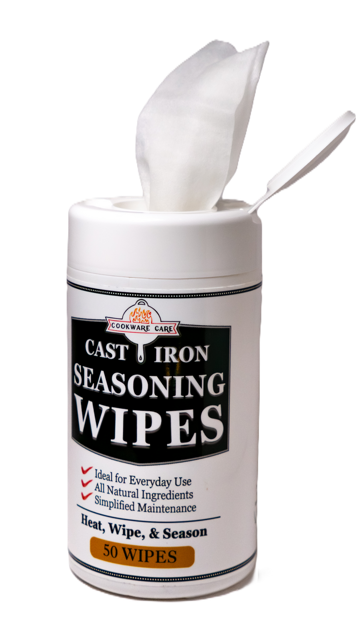 Round white plastic container with a wipe designed for cast iron skillets flattops flat-top grills griddles pots pans cookware including blackstone and weber